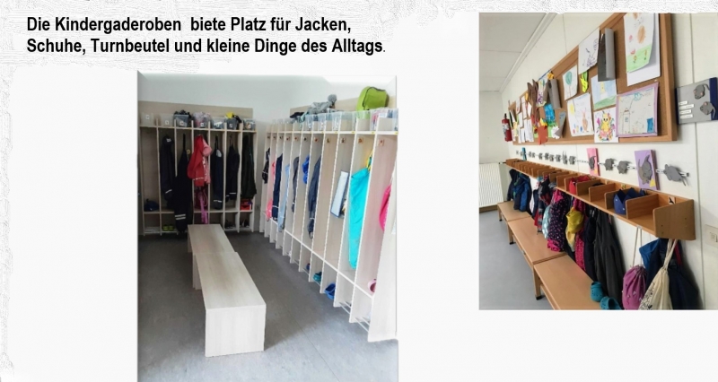 Die Kindergarderoben bieten Platz für Jacken, Schuhe, Turnbeutel und kleine Dinge des Alltags.